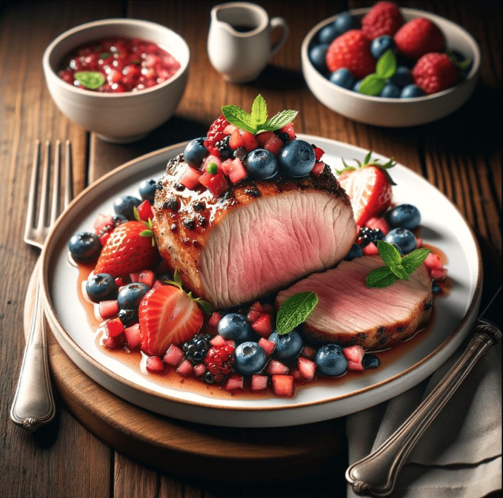 Pork Tenderloin with 3 Berry Salsa. It showcases a juicy, perfectly cooked pork tenderloin slice topped with vibrant, colorful 3 Berry Salsa on a rustic wooden table, adding a warm and home-cooked feel to the visual presentation of your recipe.